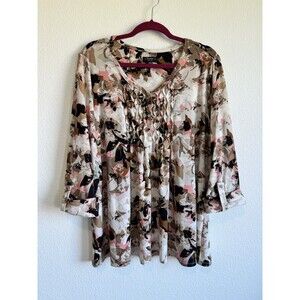 Cocomo Woman Tan Brown Pink Floral Blouse Roll Tab Sleeve Henley Pleated 2X